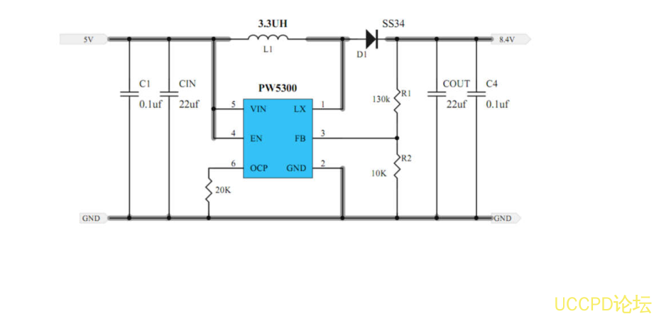 f_ede050381229c456af461a18562658d0.png 5V陞壓8.4V,5V轉8.4芯片電路圖