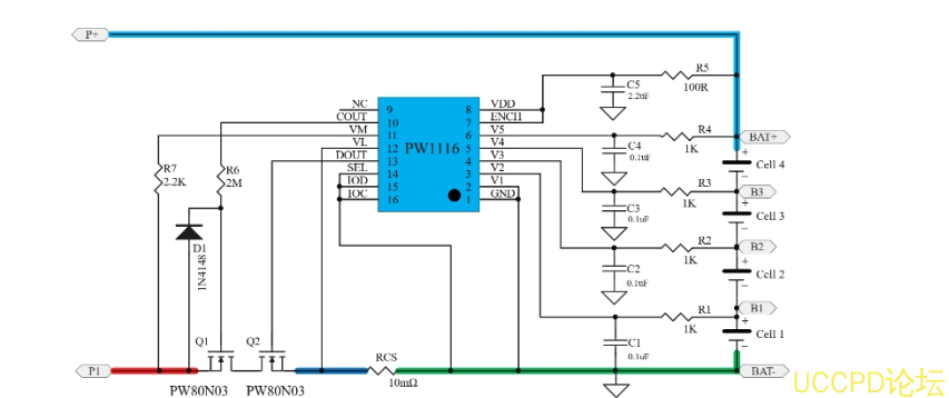f_046913f9d98e2d9c903d9744fa6e96d1.png PW1116 四节串联锂电池保护方案板, 10A 过流,  82号
