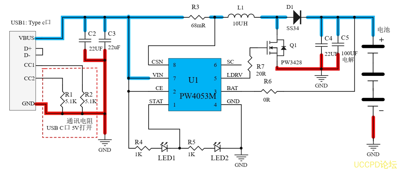 f_e8fea3dab5b4637723ef0aeba29c35f9.png 36号板 USB C 口 5V 输入, 12.6V 三节串联锂电池充电管理板, PW4053M芯片